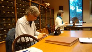 Paula Palmer and Jim Murphy, researching the Quaker Collection of Swarthmore College, 2015.