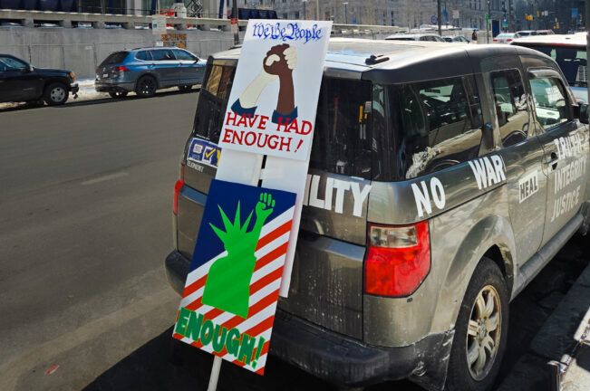 Sign on a car.