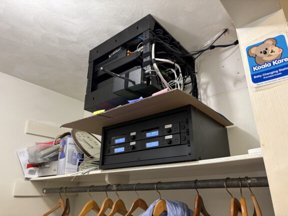 Network and audio control rack and the wireless microphone receivers at State College Friends Meeting.
